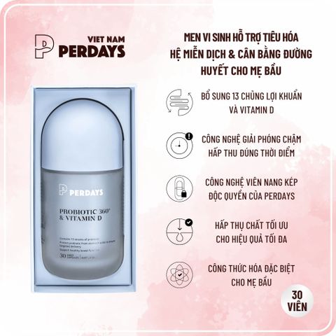 Men Vi Sinh PERDAYS 360 & Vitamin D - Hỗ Trợ Cân Bằng Đường Huyết Cho Mẹ Bầu, Bổ Sung Tăng Cường Sức Khỏe Tổng Quát, Lọ 30 Viên