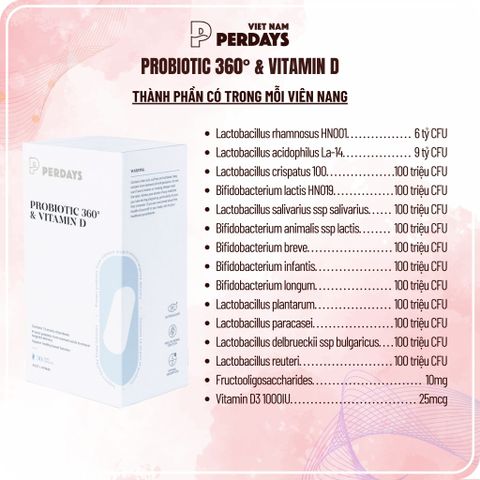 Men Vi Sinh PERDAYS 360 & Vitamin D - Hỗ Trợ Cân Bằng Đường Huyết Cho Mẹ Bầu, Bổ Sung Tăng Cường Sức Khỏe Tổng Quát, Lọ 30 Viên