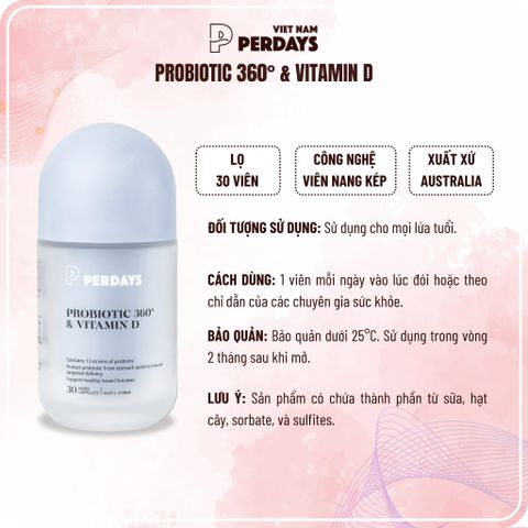Men Vi Sinh PERDAYS 360 & Vitamin D - Hỗ Trợ Cân Bằng Đường Huyết Cho Mẹ Bầu, Bổ Sung Tăng Cường Sức Khỏe Tổng Quát, Lọ 30 Viên