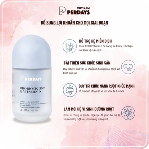 Men Vi Sinh PERDAYS 360 & Vitamin D - Hỗ Trợ Cân Bằng Đường Huyết Cho Mẹ Bầu, Bổ Sung Tăng Cường Sức Khỏe Tổng Quát, Lọ 30 Viên