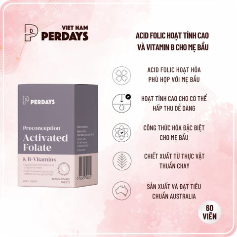 Viên Uống Bổ Sung Acid Folic & Vitamin B Cho Mẹ Bầu - PERDAYS Activated Folate Giúp Ngăn Ngừa Dị Tật Thai Nhi - Lọ 60 Viên