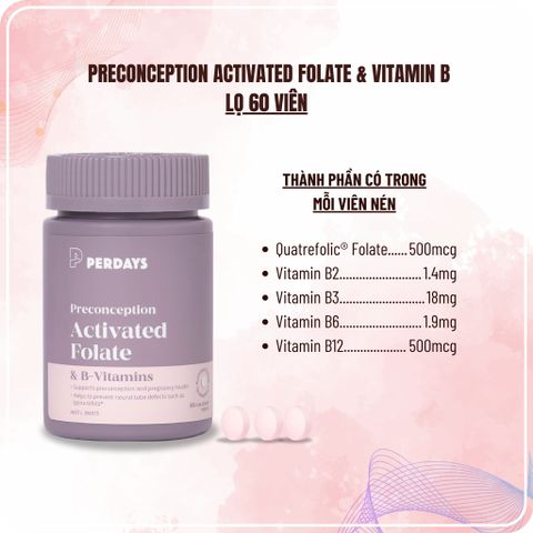 Viên Uống Bổ Sung Acid Folic & Vitamin B Cho Mẹ Bầu - PERDAYS Activated Folate Giúp Ngăn Ngừa Dị Tật Thai Nhi - Lọ 60 Viên