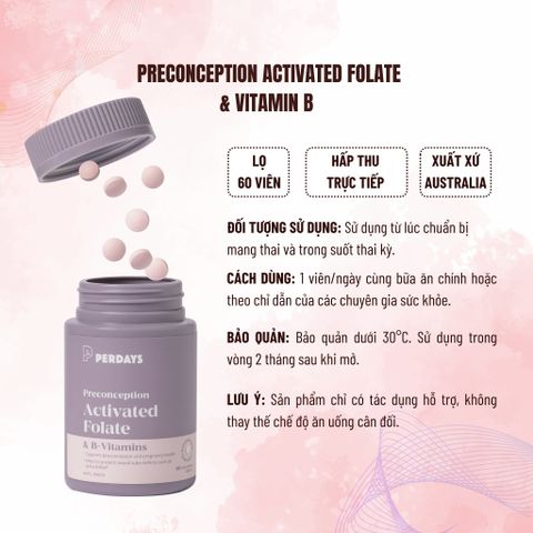 Viên Uống Bổ Sung Acid Folic & Vitamin B Cho Mẹ Bầu - PERDAYS Activated Folate Giúp Ngăn Ngừa Dị Tật Thai Nhi - Lọ 60 Viên