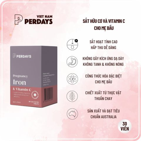 Sắt Bầu Perdays - Bổ Sung Sắt & Vitamin C Tăng Cường Tạo Máu Cho Mẹ Bầu - Hỗ Trợ Giảm Thiếu Máu - Lọ 30 Viên