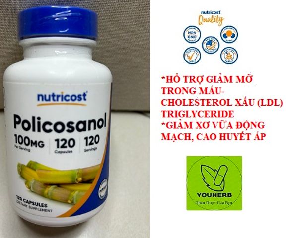 Viên Uống Policosanol 100mg Nutricost - Hỗ Trợ Giảm Cholesterol LDL và Triglyceride - Bảo Vệ Tim Mạch và Mạch Máu Ngoại Vi