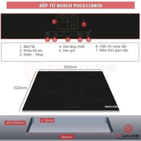 Bếp Từ 3 Vùng Nấu BOSCH PUC611BB5E Seri 4 - Mặt Kính Schott Ceran Chịu Nhiệt, Tiết Kiệm Điện, Điều Khiển Cảm Ứng