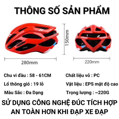 Mũ Bảo Hiểm Xe Đạp Thể Thao SIÊU NHẸ - Chống Va Đập Chất Liệu PC, Dành Cho Nam Nữ, Trọng Lượng 225g, Thiết Kế Thoáng Khí