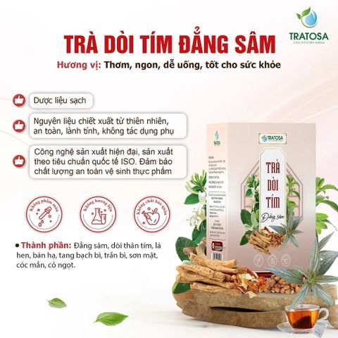 Trà Dòi Tím Đẳng Sâm 9 vị TRATOSA - Trà thảo mộc thanh lọc phổi, hỗ trợ trị ho và viêm phế quản, 60 túi lọc 240g