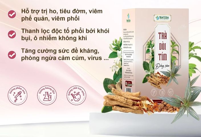 Trà Dòi Tím Đẳng Sâm 9 vị TRATOSA - Trà thảo mộc thanh lọc phổi, hỗ trợ trị ho và viêm phế quản, 60 túi lọc 240g