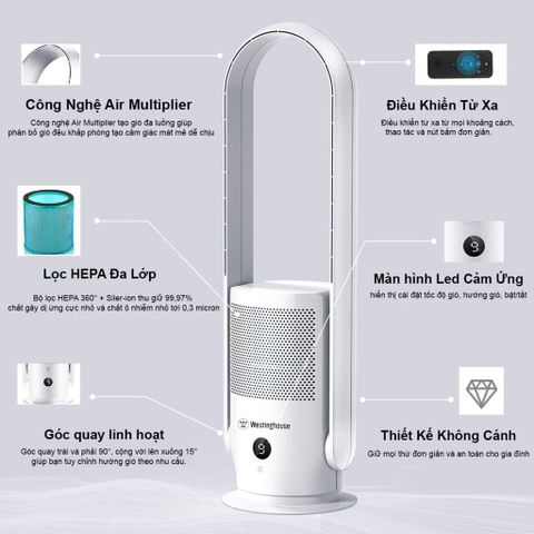 Quạt Không Cánh Kèm Lọc Không Khí Westinghouse - Máy Lạnh Đứng 30W Thiết Kế Sang Trọng, Điều Khiển Từ Xa, 8 Tốc Độ Gió