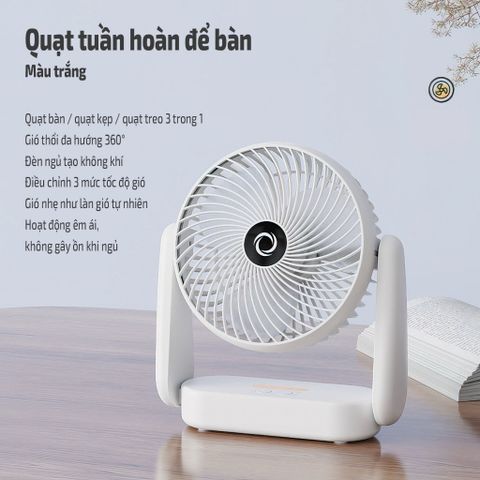 Quạt Đa Năng 360° - Quạt Tích Điện Để Bàn, Gắn Tường, Treo Móc, Thiết Kế Linh Hoạt Cho Phòng Ngủ & Văn Phòng