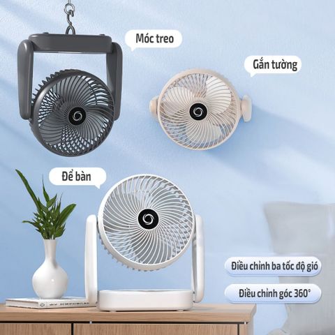 Quạt Đa Năng 360° - Quạt Tích Điện Để Bàn, Gắn Tường, Treo Móc, Thiết Kế Linh Hoạt Cho Phòng Ngủ & Văn Phòng