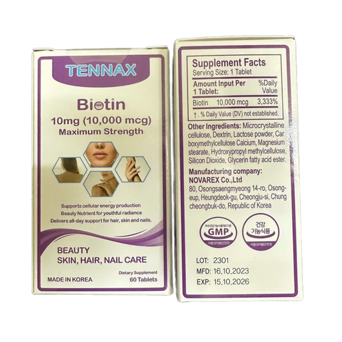 Viên Uống Biotin Tennax 10mg - Hỗ Trợ Đẹp Da, Tóc và Móng, Giải Quyết Rụng Tóc - Hộp 60 Viên Mỹ Quốc tế