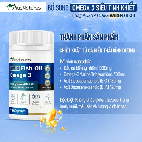 Viên Uống Dầu Cá Omega 3 AusNatures 1000mg - Hỗ Trợ Tim Mạch, Phát Triển Não Bộ, Bảo Vệ Thị Lực - 110 Viên Chính Hãng Úc