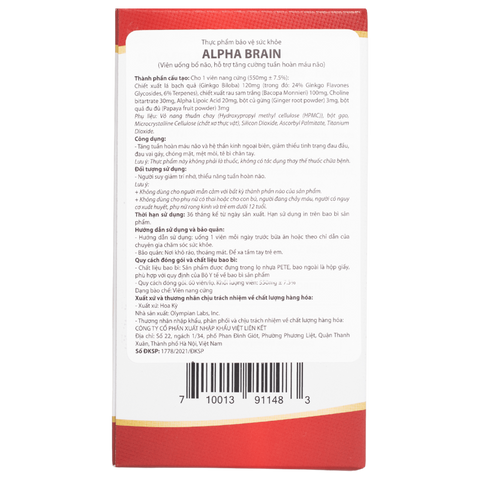 Viên uống Alpha Brain Olympian Labs - Hỗ trợ trí nhớ, tuần hoàn máu và giảm căng thẳng cho người lớn, 60 viên