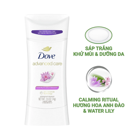 Lăn khử mùi nữ Dove Advance Waterlily & Sakura Blossom Hương Hoa Anh Đào Và Waterlily dạng sáp dưỡng ẩm không ố vàng