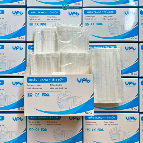 Khẩu Trang Y Tế Cao Cấp 4 Lớp VRT Màu Trắng Xanh - Quai Vải Không Đau, Kháng Khuẩn, Chống Bụi, Hộp 50 Chiếc