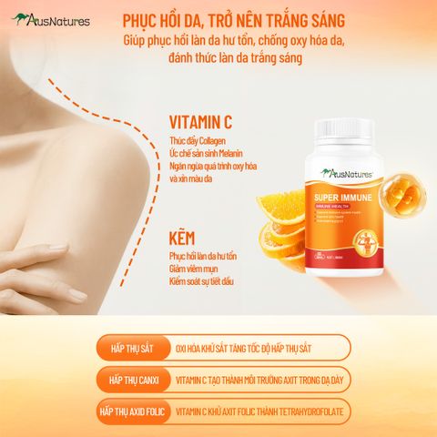 Viên Uống Kẽm & Vitamin C AusNatures Super Immune - Hỗ Trợ Đề Kháng, Giảm Mụn, Đẹp Da - 60 Viên (60 Ngày)