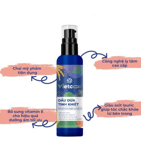 Dầu Dừa Tinh Khiết Vietcoco 130ml - Dưỡng Da, Tẩy Trang, Dưỡng Tóc, Giàu Vitamin E, Mỹ Phẩm Tự Nhiên Đa Năng