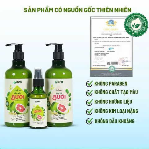 Combo 3 sản phẩm Dầu Gội, Dầu Xả, Xịt Dưỡng Tóc Tinh Dầu Bưởi BFO Behair - Kích Mọc Tóc và Phục Hồi Tóc Khỏe Mềm 500ml