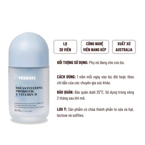 Viên Uống PERDAYS Breastfeeding Probiotic & Vitamin D - Hỗ Trợ Tiêu Hóa và Miễn Dịch Cho Mẹ Bầu và Sau Sinh