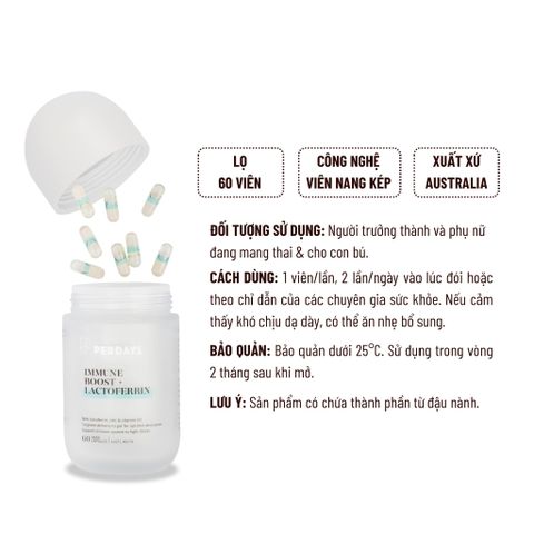 Viên Uống PERDAYS Immune Boost & Lactoferrin - Tăng Cường Đề Kháng Cho Mẹ Bầu, Hỗ Trợ Hệ Miễn Dịch - Lọ 60 Viên