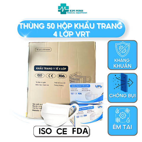Thùng 50 Hộp Khẩu Trang Y Tế 4 Lớp VRT - Màu Xanh, Trắng, Quai To, Mềm Mại, Không Đau Tai, Bảo Vệ Sức Khỏe Hiệu Quả