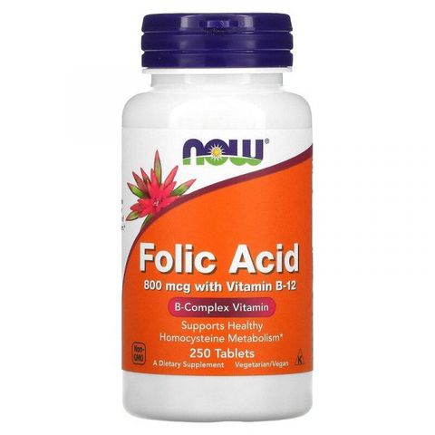 Viên uống hỗ trợ sức khoẻ tim mạch Now Folic Acid 800mcg 250 viên, hàng nhập Mỹ