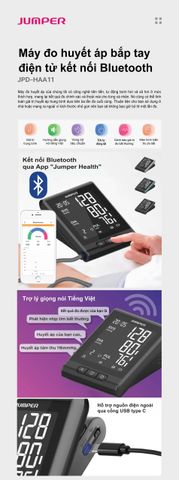Máy Đo Huyết Áp Bắp Tay Điện Tử Bluetooth Jumper JPD-HAA11 - Theo Dõi Sức Khỏe Tim Mạch Thông Minh, Màn Hình Lớn, Bảo Hành 60 Tháng