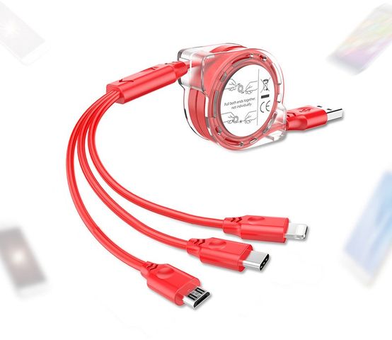 Cáp Sạc Dây Kéo Cuộn Tròn 3 Đầu Chống Rối 1M Hỗ Trợ Lightning, Micro USB, Type-C - Thiết Kế Hiện Đại, Tiện Ích Sử Dụng