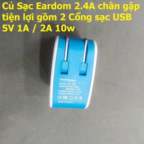 Cốc Sạc Eardom 2.4A - Củ Sạc Đôi USB 10W 5V 1A/2A Cho Điện Thoại, Thiết Kế Gọn Nhẹ, Bảo Vệ Thông Minh