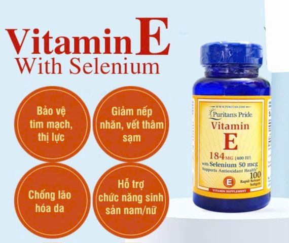 Viên Uống Vitamin E 184MG (400IU) với Selenium 50mcg - 100 Viên Puritan's Pride Mỹ - Chống Oxy Hóa, Làm Đẹp Da, Tăng Cường Miễn Dịch