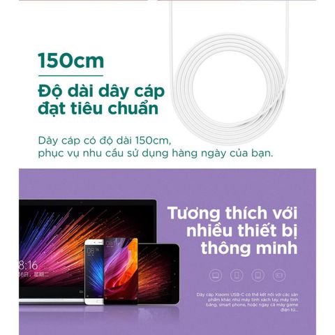 Dây Sạc Chính Hãng Xiaomi Type C To Type C 5A Tốc Độ Cao 480Mbps Dài 1.5m - Chất Liệu Bền Bỉ, Thiết Kế Gọn Nhẹ