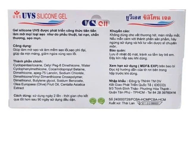 Gel UVS Silicone (Thái Lan) 10gr - Chuyên biệt làm mờ sẹo lồi, sẹo phì đại, tái tạo và dưỡng ẩm cho da mịn màng.
