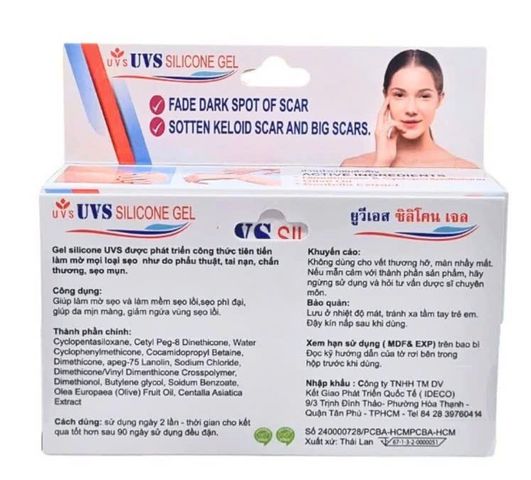 Gel UVS Silicone (Thái Lan) 10gr - Chuyên biệt làm mờ sẹo lồi, sẹo phì đại, tái tạo và dưỡng ẩm cho da mịn màng.