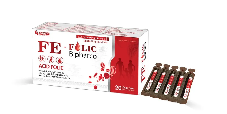 Sắt III Fe - Folic Bipharco Bổ Sung Acid Folic Giúp Bổ Sung Sắt, Tăng Khả Năng Tạo Máu, Giảm Thiếu Máu - Hộp 20 ống