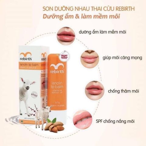Son Dưỡng Môi Rebirth Nhau Thai Cừu 3.7g - Hương Cam Tự Nhiên, Vitamin E, Dưỡng Ẩm, Chống Oxy Hóa, Mỹ
