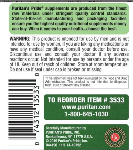 Viên uống Saw Palmetto 450mg Puritan’s Pride 200 viên - Hỗ trợ sức khỏe tuyến tiền liệt và chức năng tiểu tiện tự nhiên