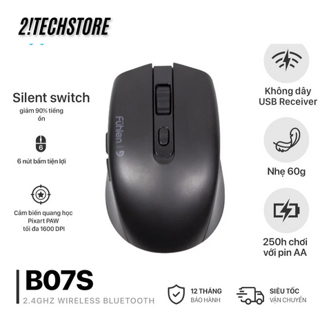 Chuột Không Dây Fuhlen B07S Black Chính Hãng - Thiết Kế Ergonomic, Kết Nối 2.4GHz, Độ Phân Giải 1600 DPI, Dễ Dàng Cài Đặt.