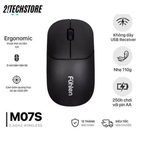 Chuột Không Dây Fuhlen M07S - Chuột Wireless Ergonomic Kết Nối 2.4GHz, Độ Phân Giải 1600 DPI, Tiết Kiệm Năng Lượng