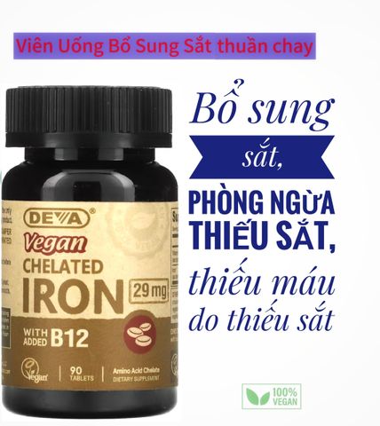 Viên Bổ Sung Sắt Chelated thuần chay DEVA 90 viên - Hỗ trợ Sức Khỏe cho Người Ăn Chay - Chứa Vitamin B12 cao