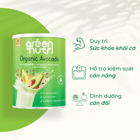Sữa Hạt Ngũ Cốc Organic Avocado Green Nutri 750g - BCAAs Duy Trì Sức Khỏe Khối Cơ, Thuần Chay, Nhập Khẩu Malaysia
