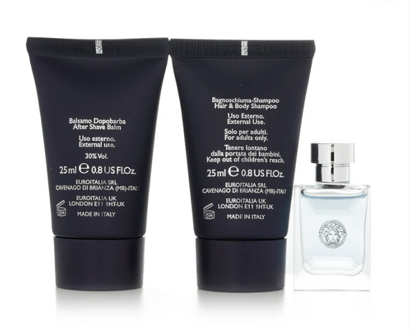 Set Mini Versace Pour Homme cho Nam - Bộ Nước Hoa EDT 5ml, Dầu Gội & Sữa Tắm 25ml, Kem Dưỡng Sau Cạo Sang Trọng, Quà Tặng Ý Nghĩa
