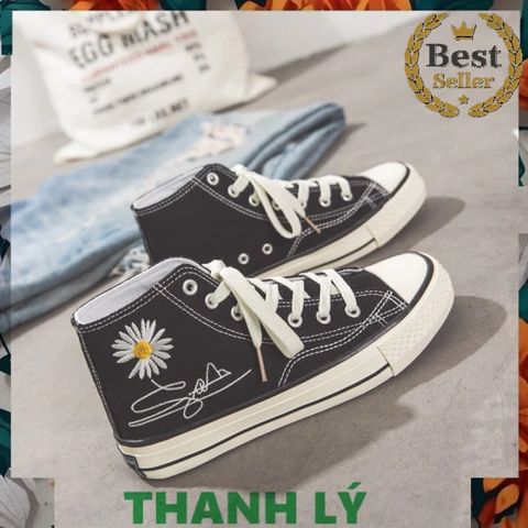 Giày Thể Thao Nữ Cổ Cao H56 Thời Trang CV Chữ Ký Hoa Cúc Đen - Sneaker Cao Cấp Đi Học, Đi Chơi