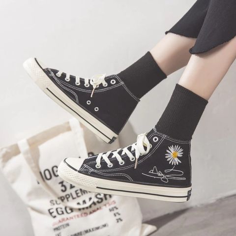 Giày Thể Thao Nữ Cổ Cao H56 Thời Trang CV Chữ Ký Hoa Cúc Đen - Sneaker Cao Cấp Đi Học, Đi Chơi