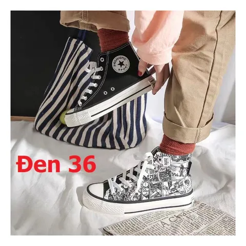 Giày Thể Thao Nữ Cao Cổ Phản Quang Họa Tiết Truyện Tranh Thời Trang - Sneaker Cá Tính Màu Trắng Đen, Hot Trend 2023