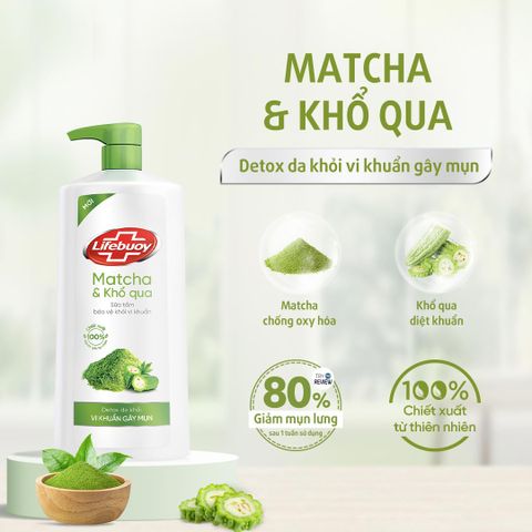 Sữa Tắm Lifebuoy Detox Matcha & Khổ Qua 800g - Làm Sạch Sâu, Bảo Vệ Da Khỏi Vi Khuẩn, Phù Hợp Mọi Loại Da