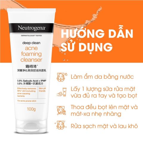 Sữa Rửa Mặt Neutrogena Deep Clean Ngừa Mụn 100g - Công Nghệ Amino Micellar Làm Sạch Sâu, Giữ Ẩm Tự Nhiên Cho Da Mềm Mại