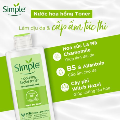 Nước Hoa Hồng Simple Làm Dịu Da Nhạy Cảm 200ml - Toner Cấp Ẩm Từ Thương Hiệu Anh Quốc, Không Chứa Cồn, Phù Hợp Mọi Loại Da