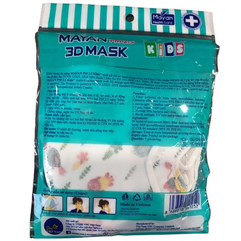 Khẩu Trang Mayan 3D PM2.5 cho Trẻ Em - Bộ 5 Cái Màu Ngẫu Nhiên, Lọc Không Khí Ô Nhiễm, Ngăn Vi Khuẩn, Chống Nắng UV